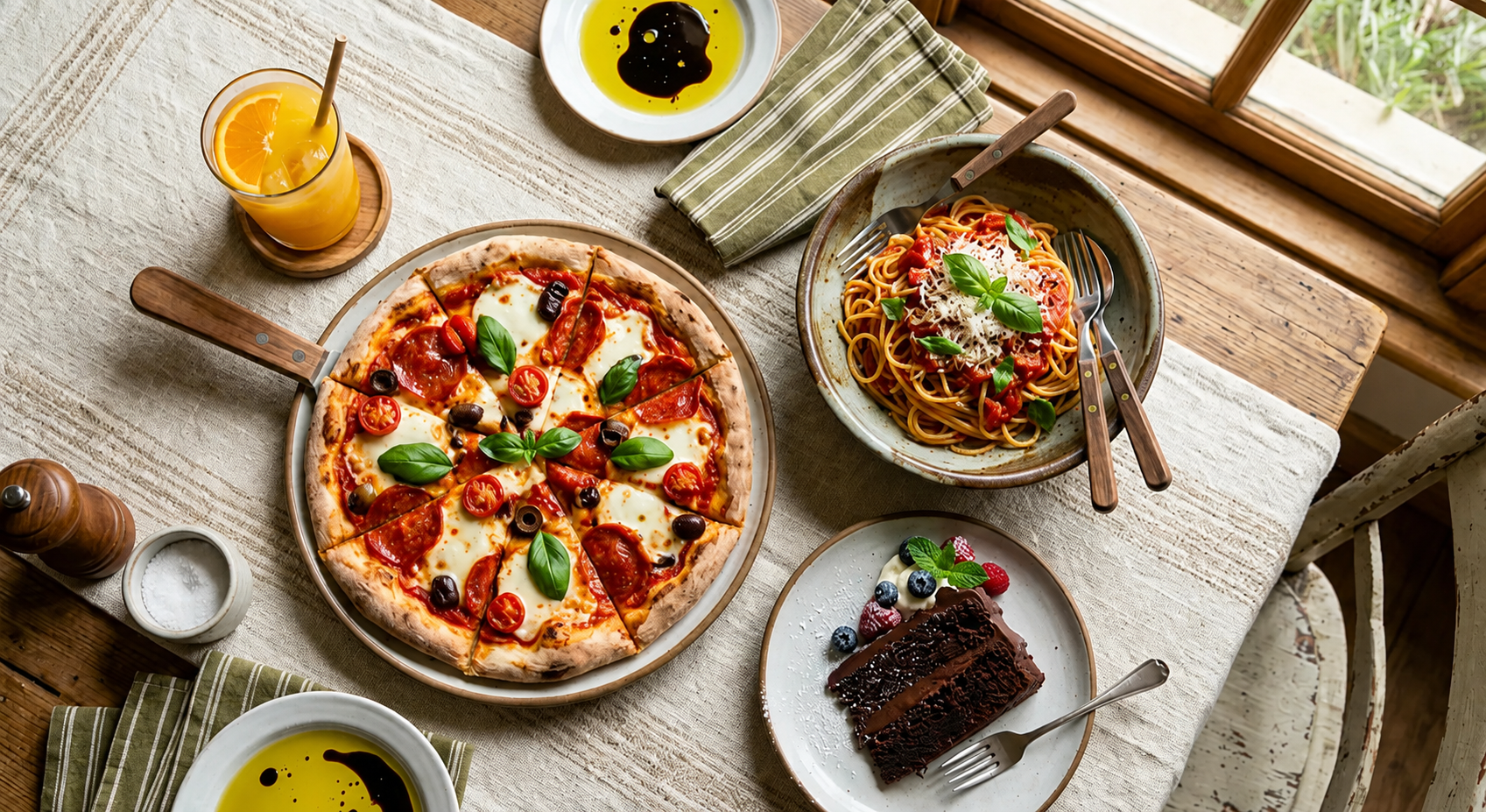 Mesa com pizza, massa e sobremesas