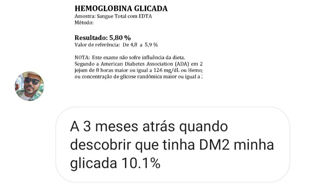 Print de exame mostrando hemoglobina glicada de 10.1% para 5.80%